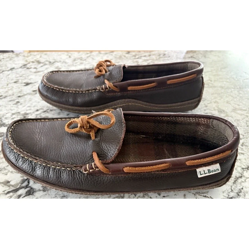 L.L.Bean Men's Brown Leather Moccasin Lace Up Plaid Lined Shoes 9W